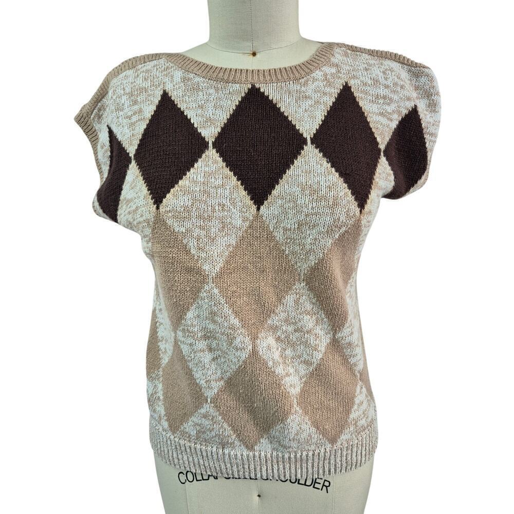 Vtg 80s Devon Harlequin Diamond Pattern Sweater Heathered Beige/Brown Sz M